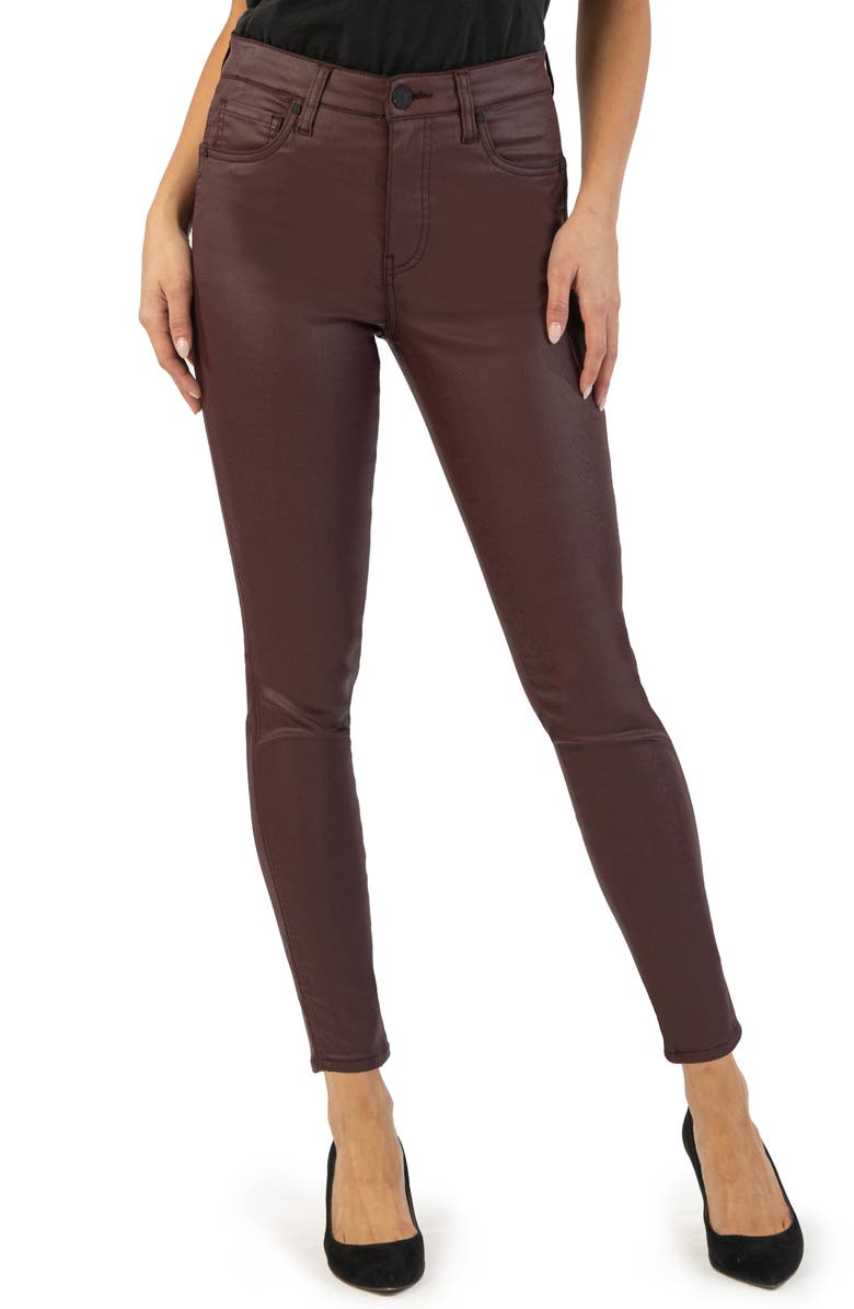 KUT from the Kloth Donna Fab Ab Coated High Waist Ankle Skinny Jeans, Main, color, Bordeaux