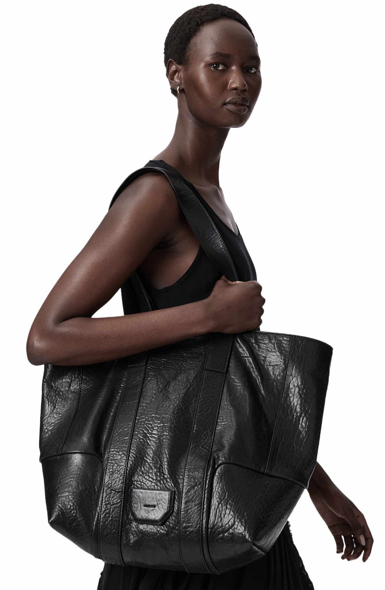 AllSaints Ares Grain Leather Open Tote Bag, Alternate, color, Black