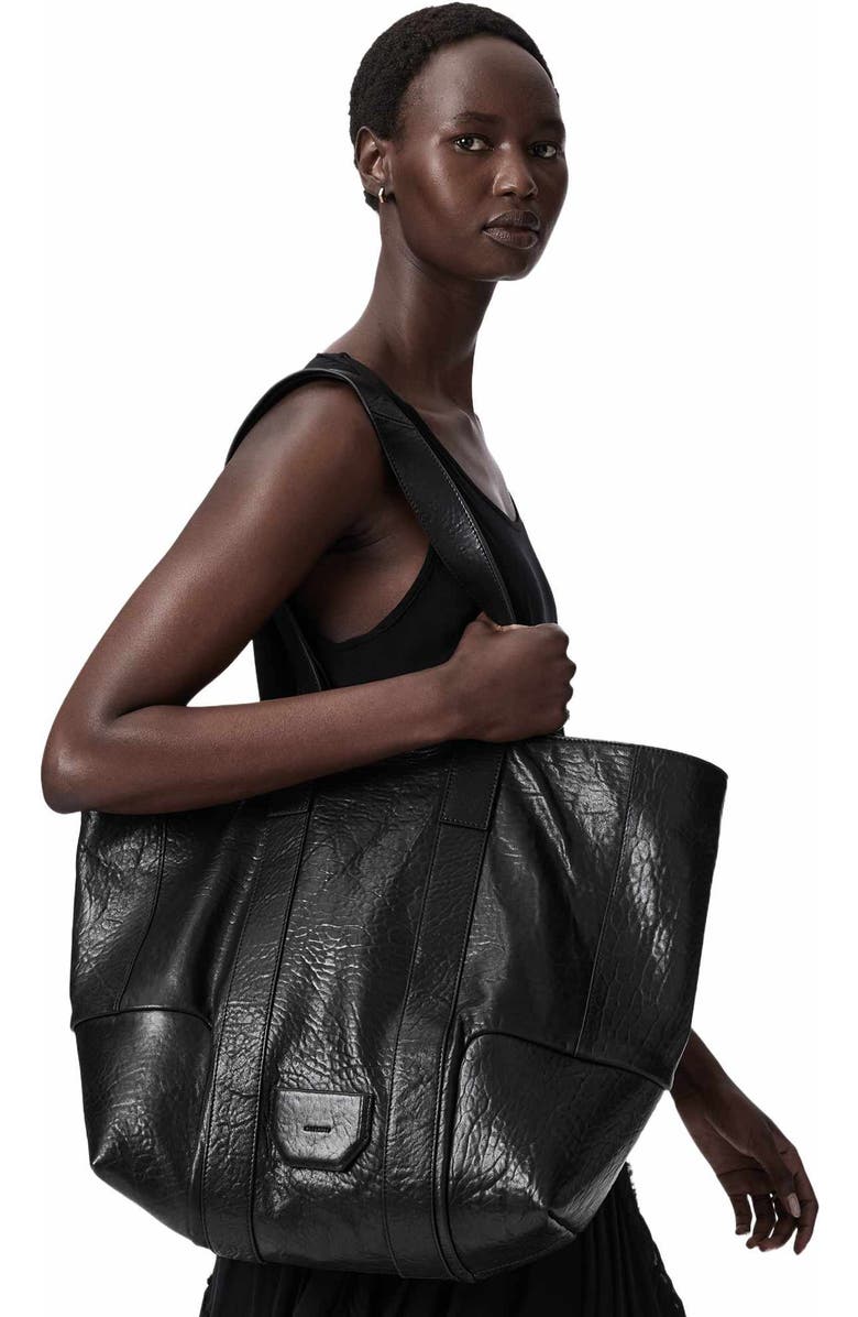 AllSaints Ares Grain Leather Open Tote Bag, Alternate, color, Black