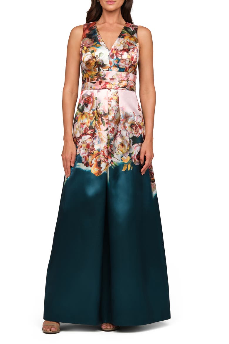 Mariah Floral Print Mikado Gown, Main, color, TEAL/ PINK