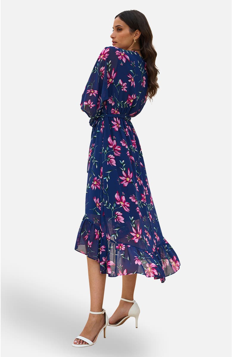 Yumi Floral Kimono Wrap Dipped Hem Midi Dress, Alternate, color, Navy