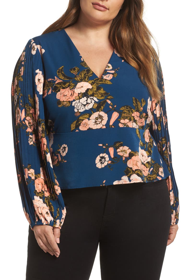 Pleated Sleeve Blouse, Main, color, BLUE AURORA TONAL FLORAL