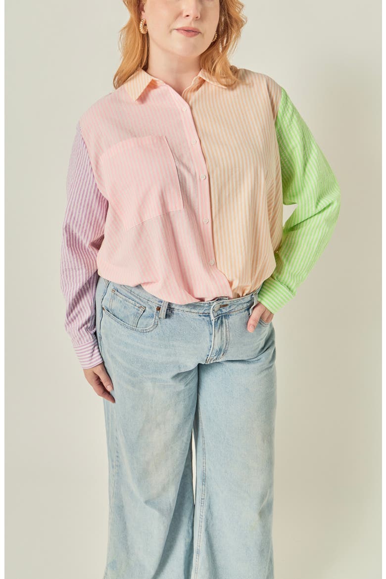 Striped Color Block Button-Up Shirt, Alternate, color, MULTI