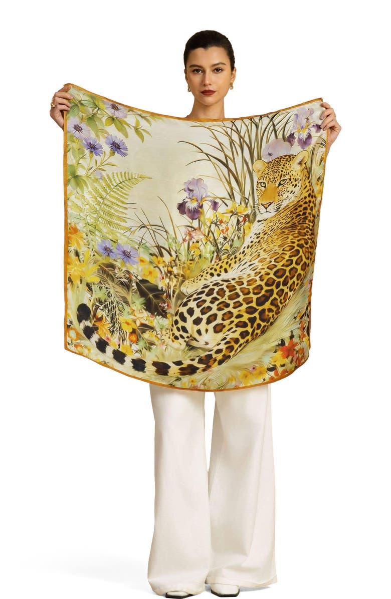 SILKSILKY Pure Silk Leopard & Floral Scarf, Alternate, color, Orange