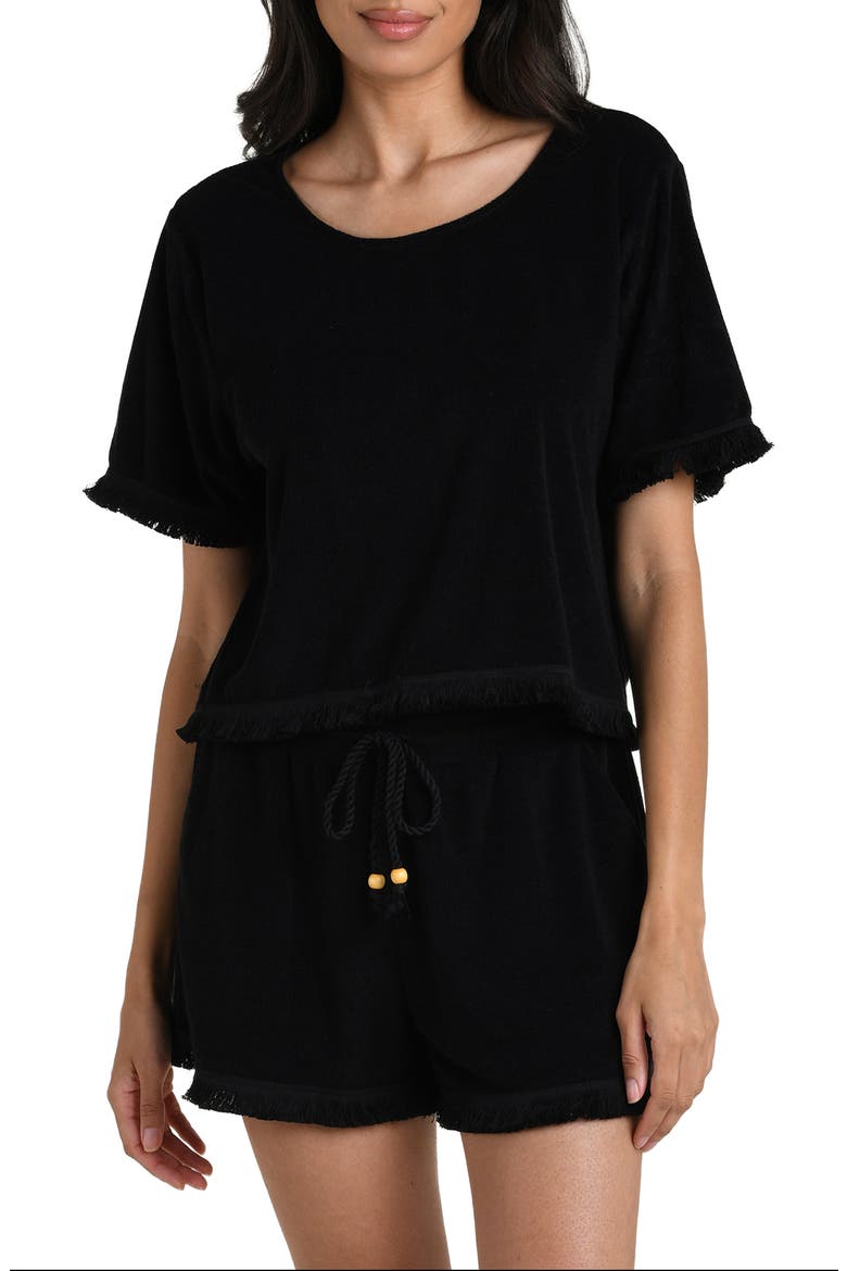 Wild Nomad Fringe Trim Cover-Up Shirt, Main, color, BLACK
