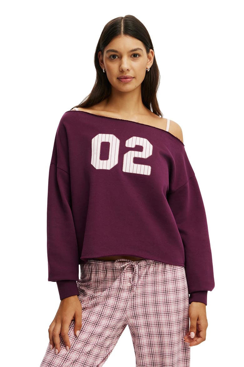 Women's Off The Shoulder Fleece Jumper, Main, color, Blackcurrant 02