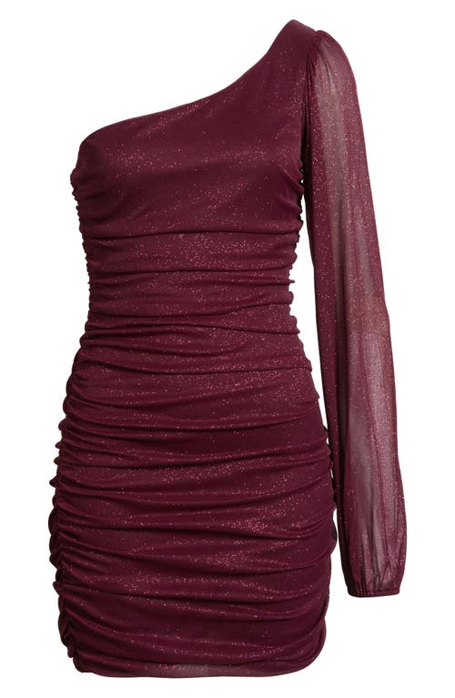 Jump Apparel One Shoulder Metallic Ruched Minidress In Burgundy
