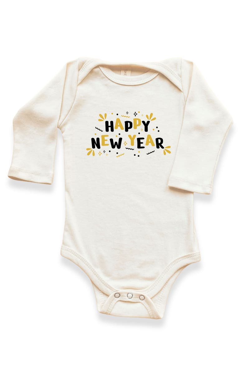 Tenth & Pine Happy New Year Organic Baby Bodysuit Long Sleeve, Main, color, Natural Black Lettering