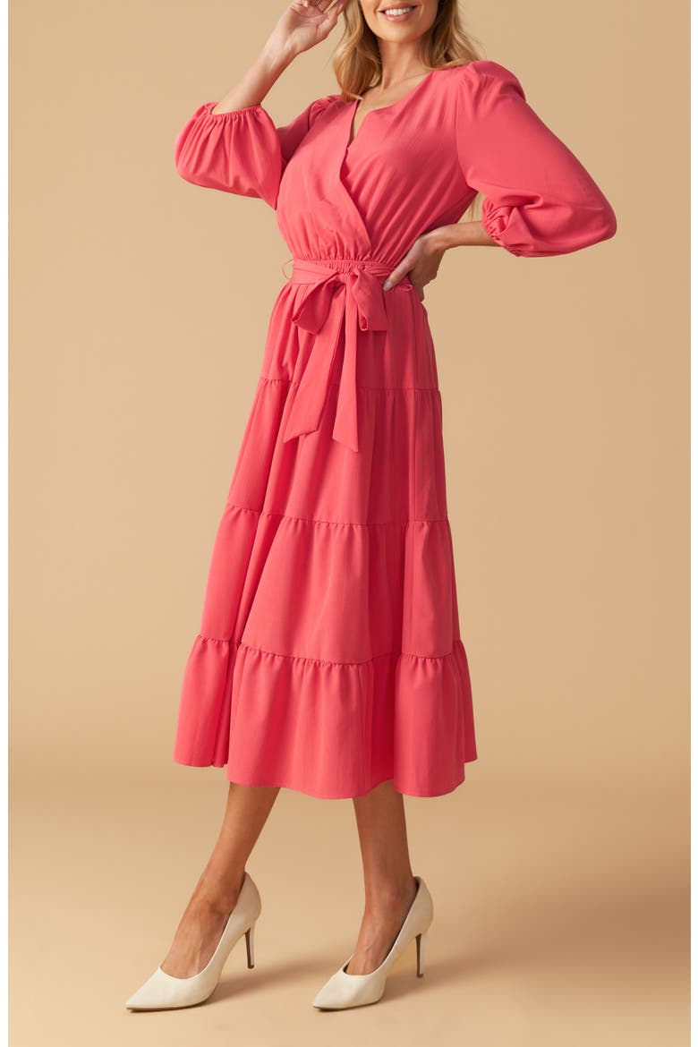 Long Sleeve Faux Wrap Midi Dress, Alternate, color, CORAL RED