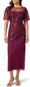 Adrianna Papell Beaded Flutter Sleeve Mesh Cocktail Dress