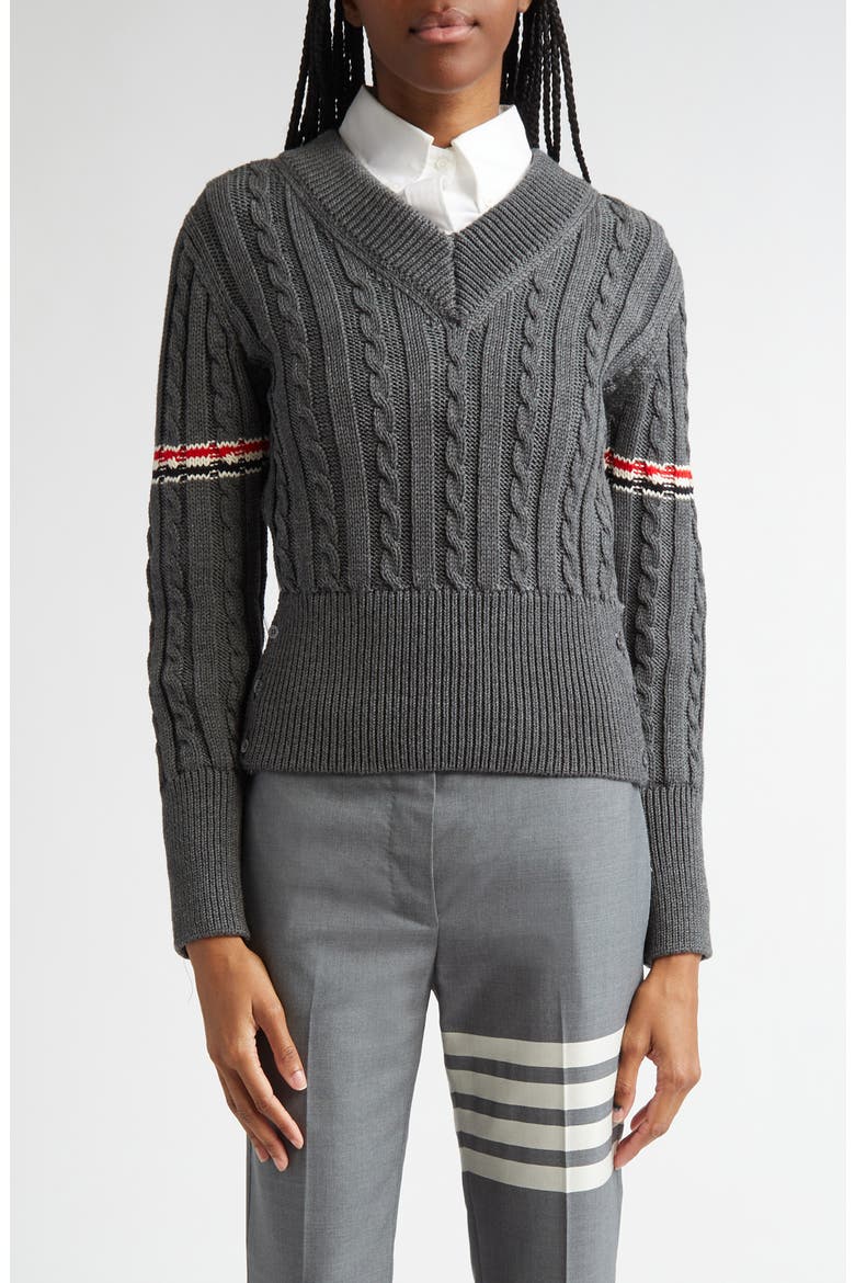 Cable Knit Virgin Wool V-Neck Sweater, Main, color, MEDIUM GREY
