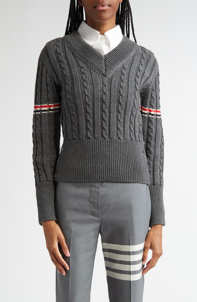 Thom Browne Cable Knit Virgin Wool V-Neck Sweater, Main, color, Medium Grey