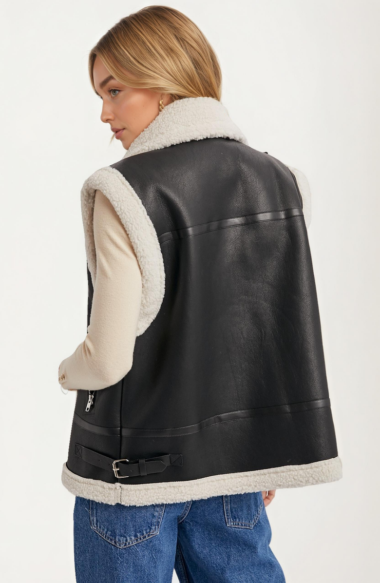 Knit and Lounge Zip-Front Faux Leather Shearling Vest, Alternate, color, 