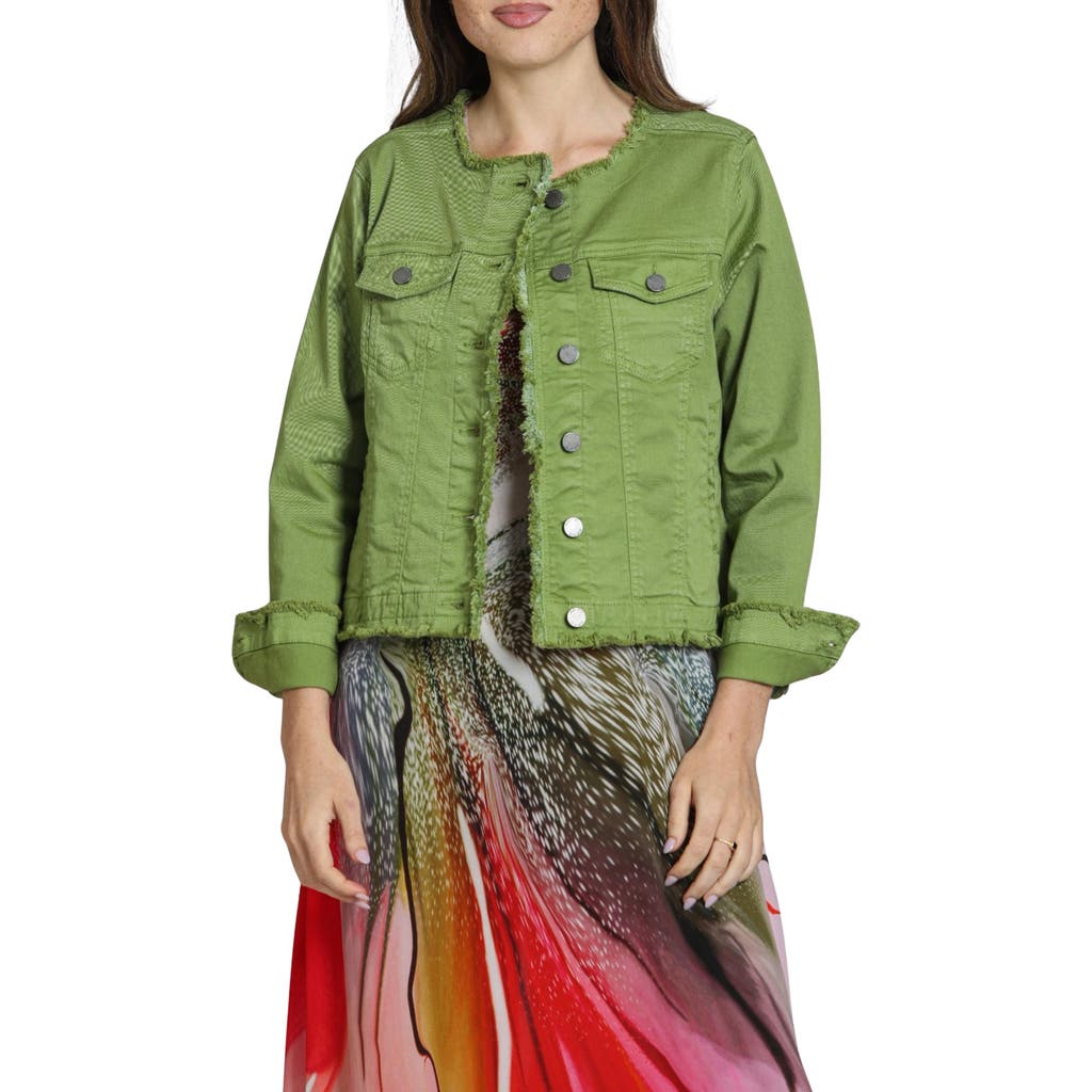 Apny Frayed Collarless Denim Jacket In Turtle Green