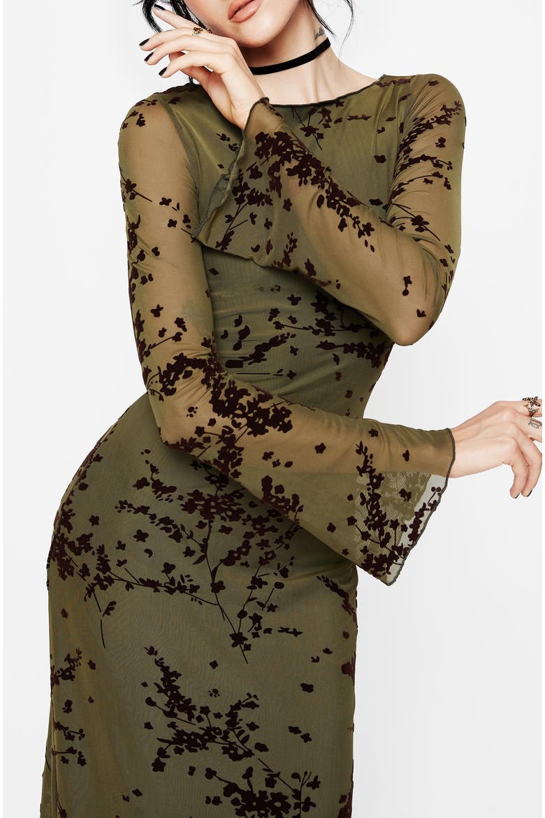 Jael Flocked Devoré Midi Dress, Alternate, color, Green
