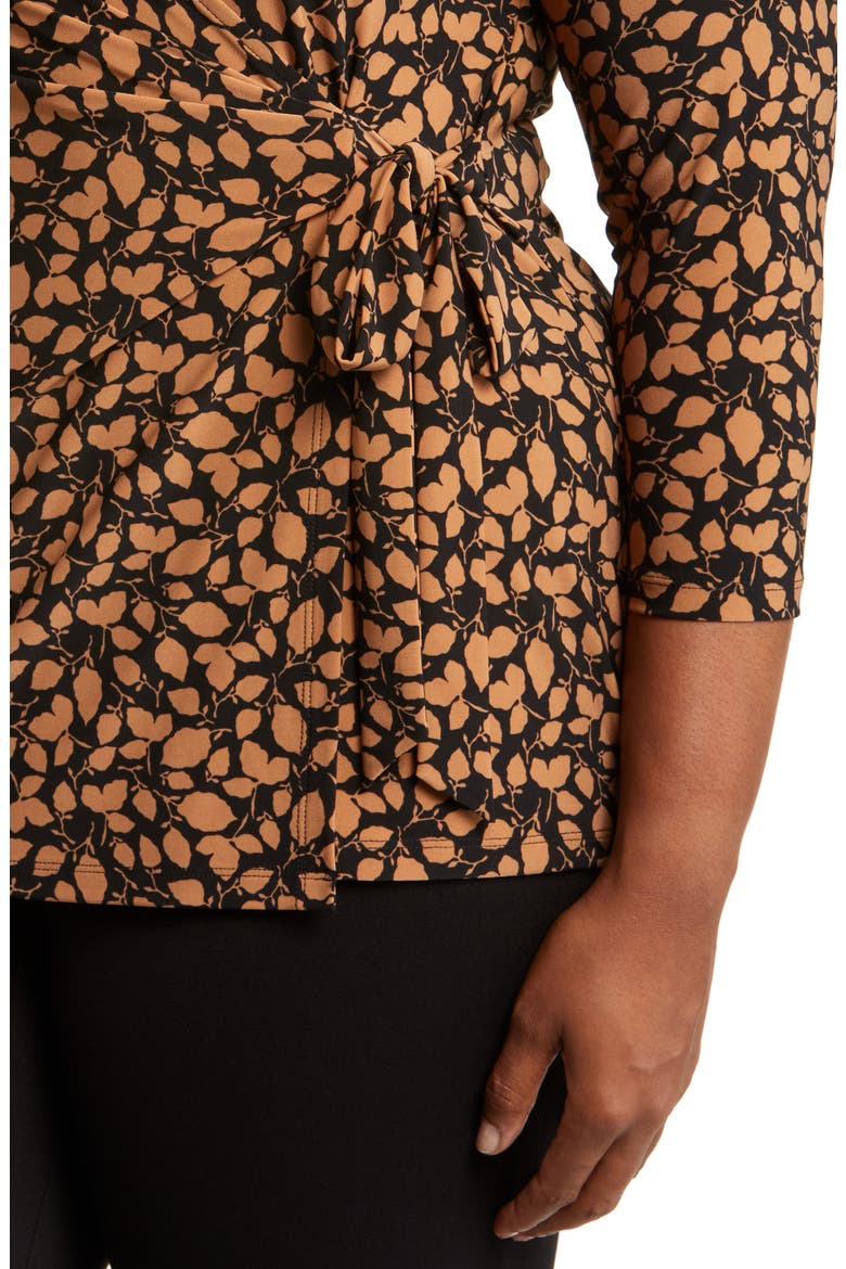 Leaf Print Faux Wrap Top, Alternate, color, ANNE BLACK/ VICUNA
