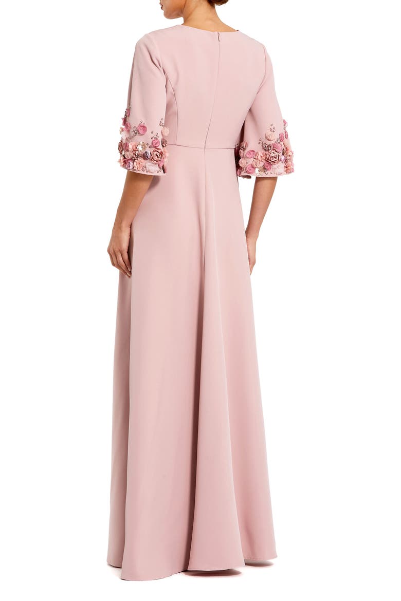 Petite Crepe 3/4 Sleeve A-line Gown With Flower Trim, Alternate, color, Rose