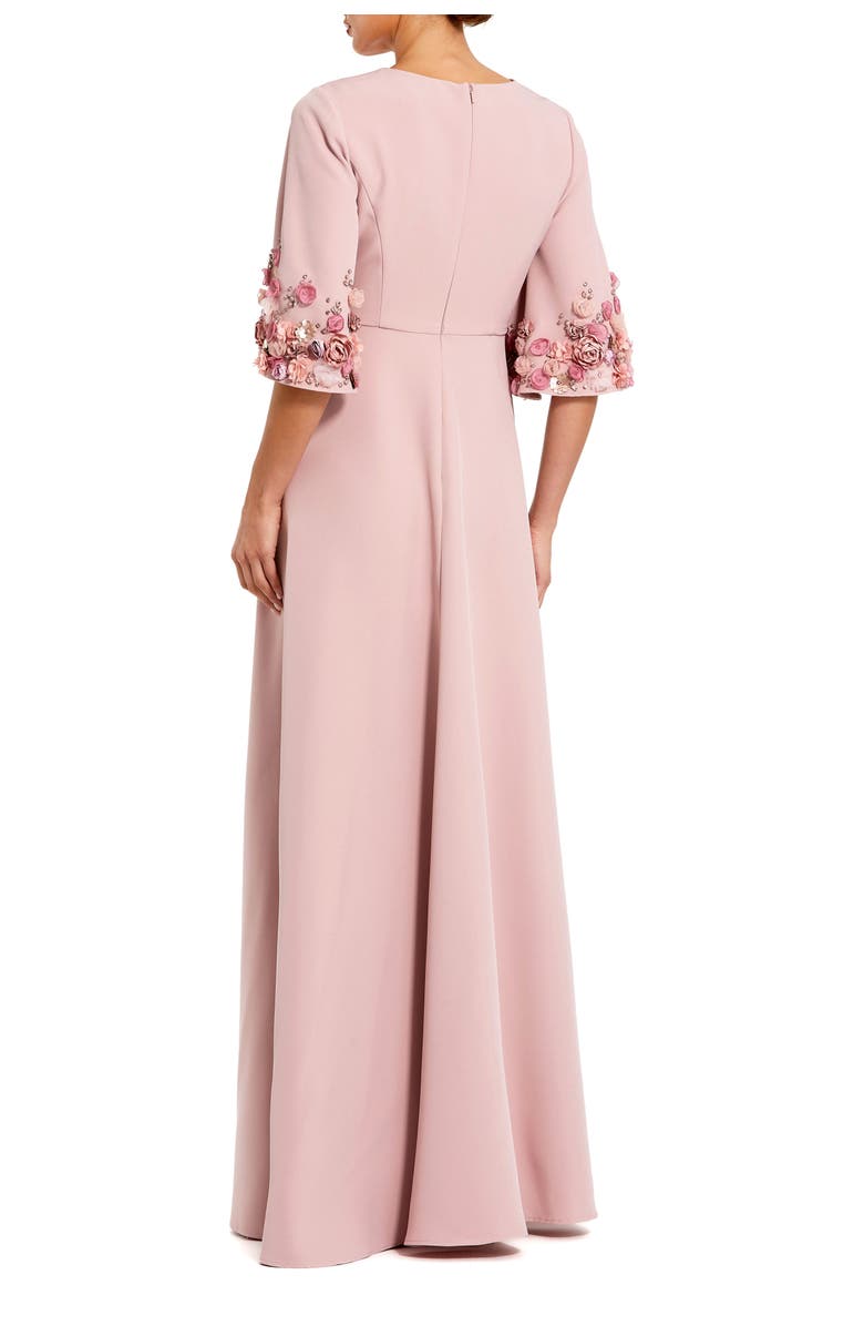 Mac Duggal Petite Crepe 3/4 Sleeve A-line Gown With Flower Trim, Alternate, color, Rose