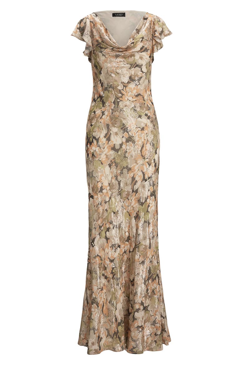 Metallic Floral Jacquard Cowl Neck Gown, Alternate, color, GREEN MULTI