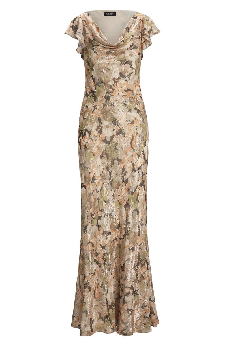 Lauren Ralph Lauren Metallic Floral Jacquard Cowl Neck Gown, Alternate, color, Green Multi
