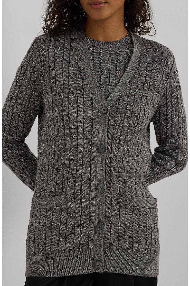 Metallic Cable Stitch Cardigan, Alternate, color, DECO PEWTER