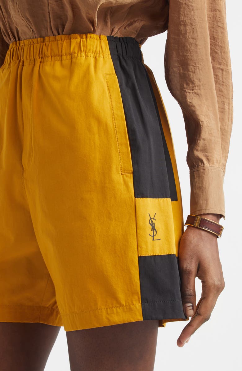 Saint Laurent Cassandre Bicolor Cotton Serge Bermuda Shorts, Alternate, color, Curry/ Noir