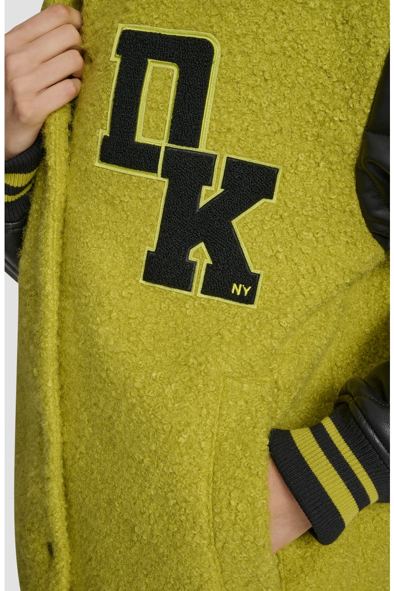 Logo Bouclé & Faux Leather Varsity Jacket, Alternate, color, CITRONELLA