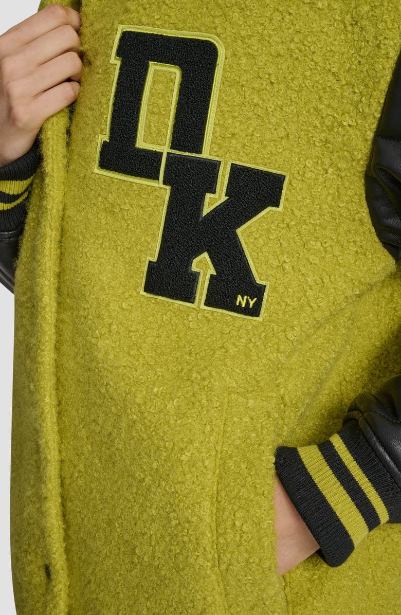 DKNY Logo Bouclé & Faux Leather Varsity Jacket, Alternate, color, Citronella