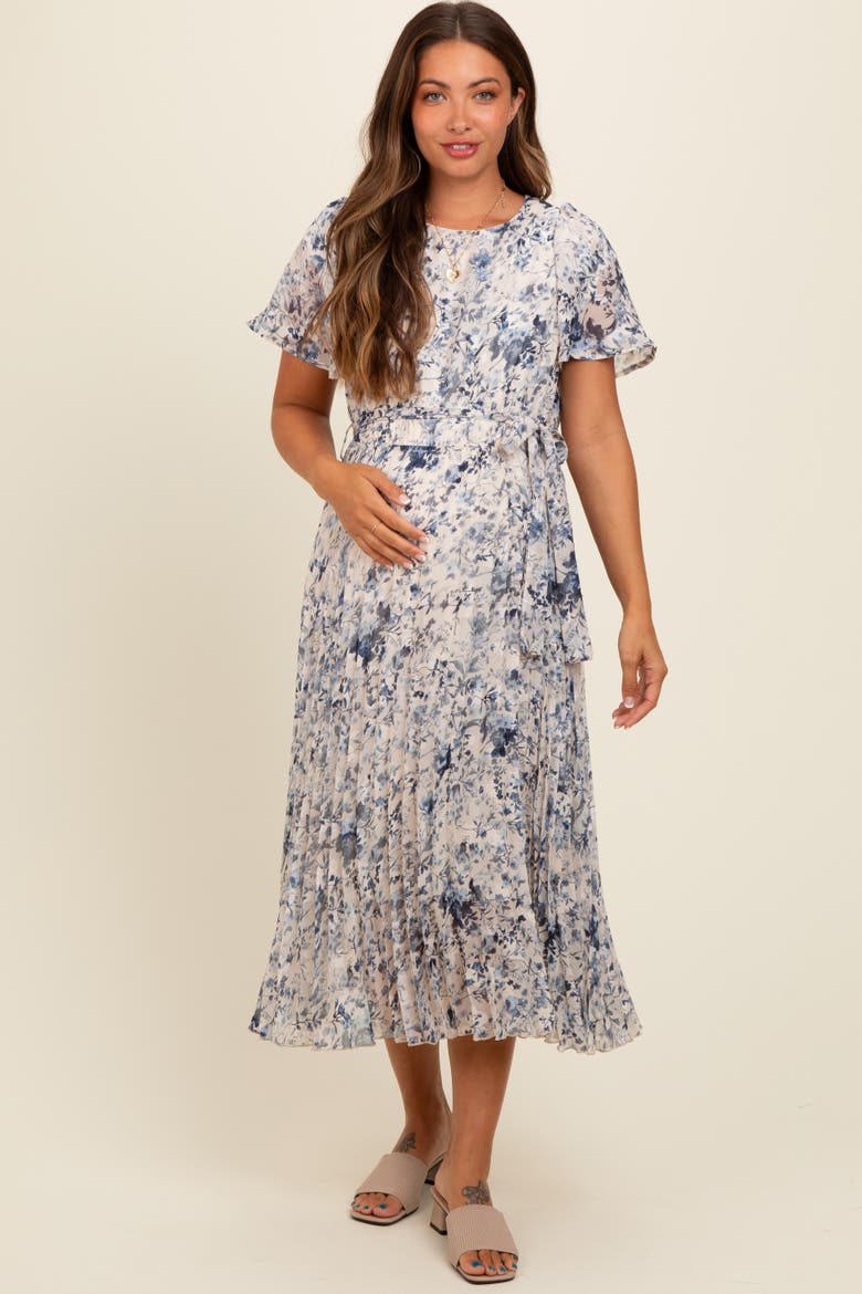 Floral Pleated Midi Dress, Alternate, color, Cream