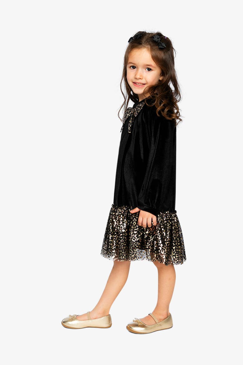 Bi-Material Raglan Sleeve Metallic Bow Dress, Alternate, color, Black and Gold