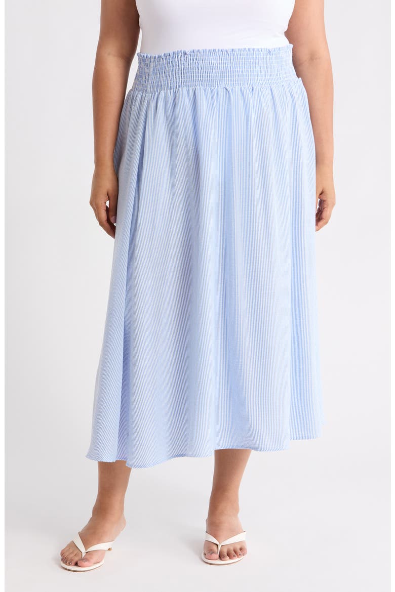 Pinstripe Smocked Waist Cotton Blend Skirt, Main, color, LIGHT BLUE