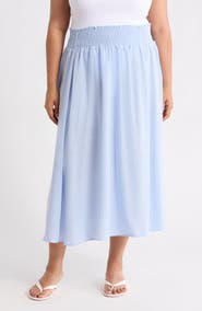 Renee C Pinstripe Smocked Waist Cotton Blend Skirt