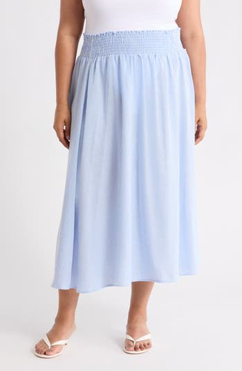 Renee C Pinstripe Smocked Waist Cotton Blend Skirt in Light Blue at Nordstrom Rack, Size 1X