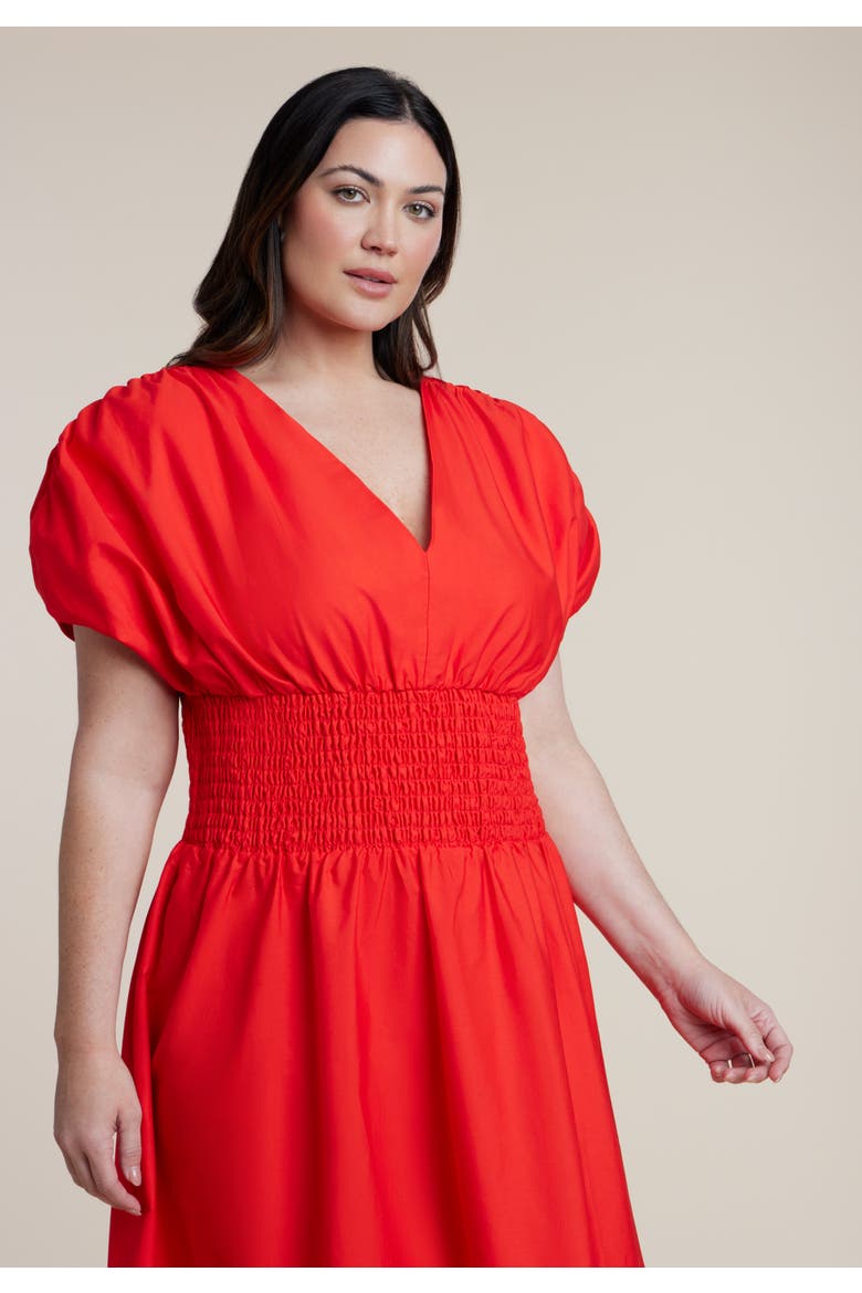 V Neck Flared Poplin Midi Dress, Alternate, color, FIERY RED