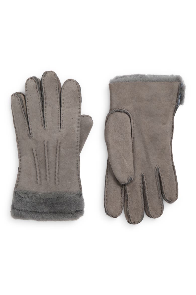 Exposed Seam Genuine Shearling Leather Gloves, Main, color, CHARCOAL