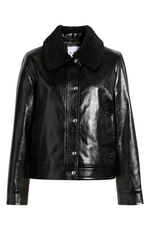 Slim Fit Faux Leather Jacket With Faux Fur Collar