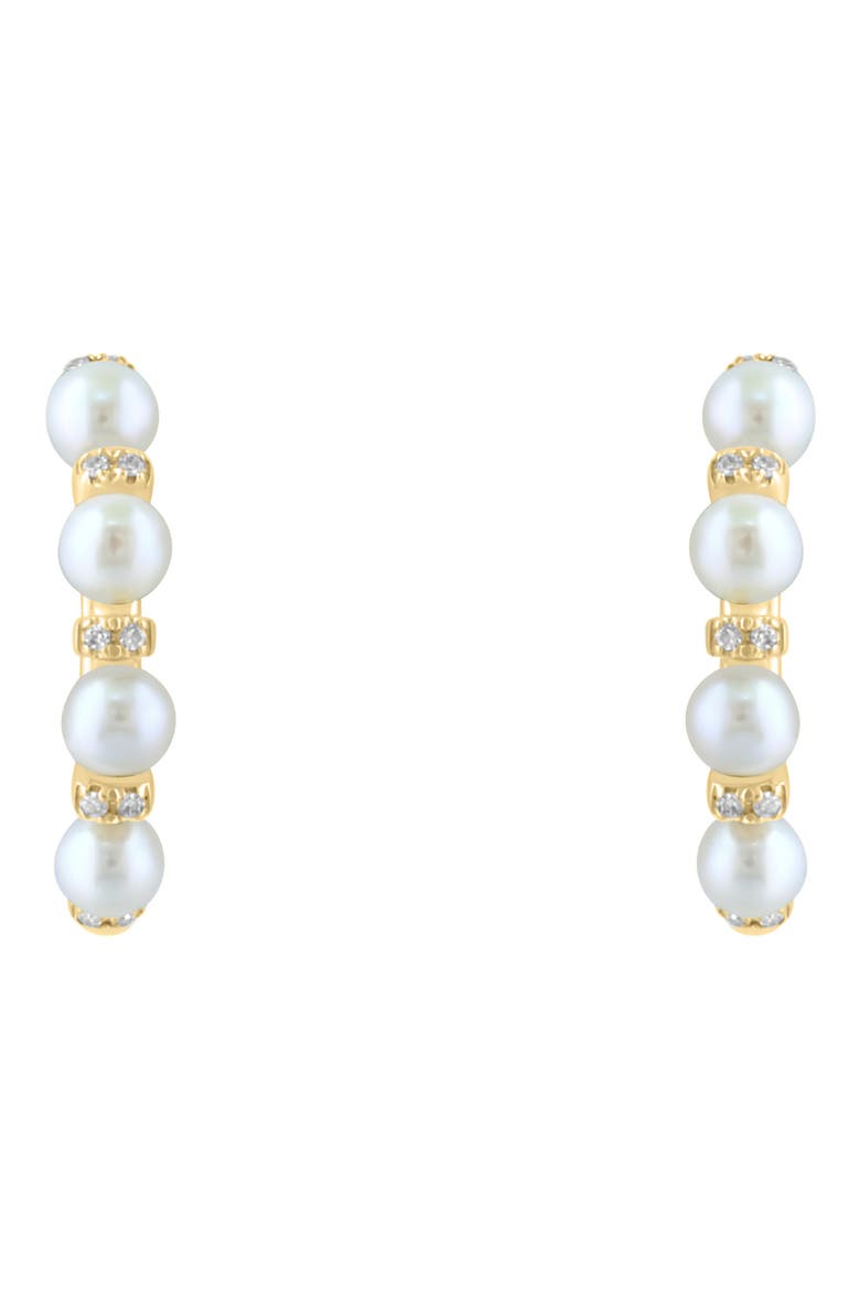 14K Yellow Gold 3mm Freshwater Pearl & Diamond Huggie Hoop Earrings - 0.06ct., Alternate, color, WHITE