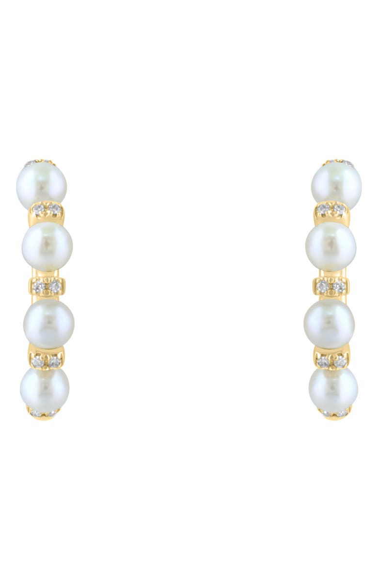 EFFY 14K Yellow Gold 3mm Freshwater Pearl & Diamond Huggie Hoop Earrings - 0.06ct., Alternate, color, 