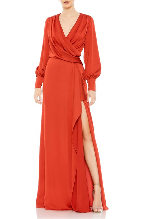 Mac Duggal Charmeuse Gown With Draped Bodice And Front Slit In Red
