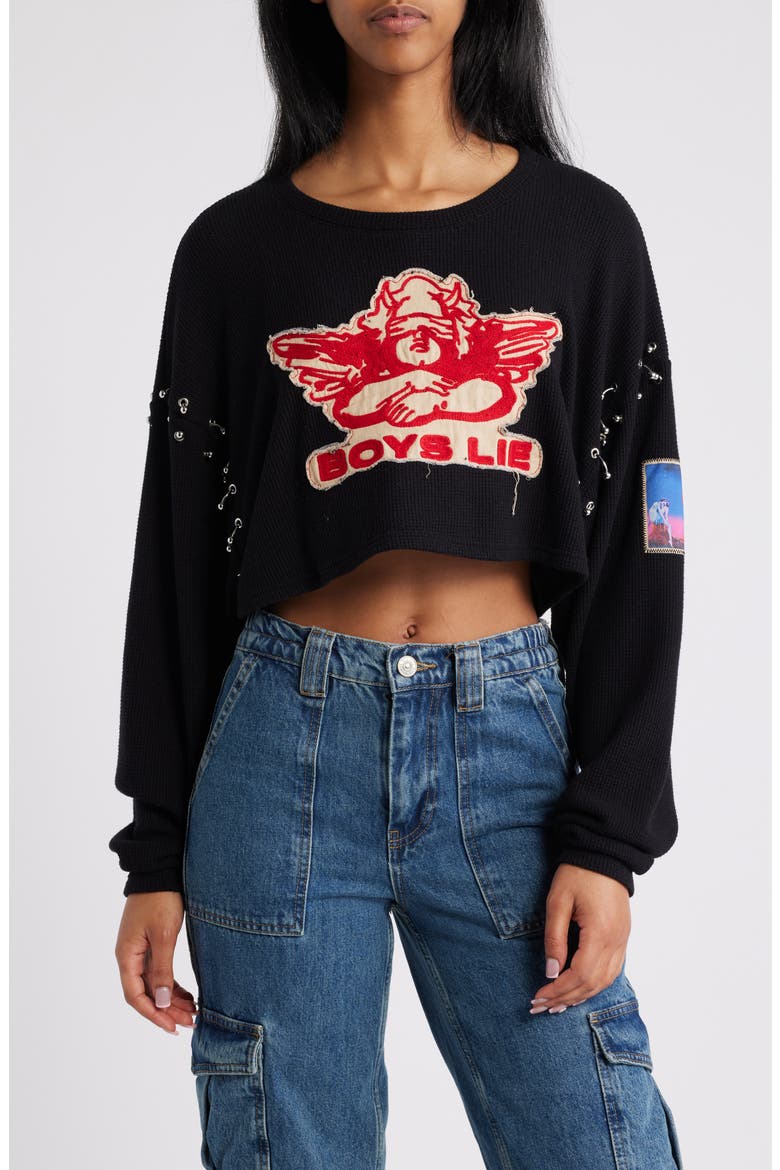 Stitch Me Up Embroidered Logo Crop Top, Main, color, BLACK