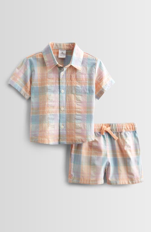 Nordstrom Seersucker Short Sleeve Button-up Shirt & Drawstring Shorts Set In Coral Playful Plaid