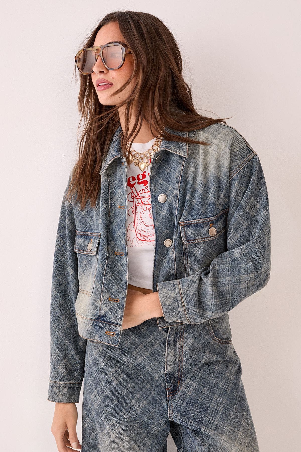 Nasty Gal Check Denim Distressed Jacket In Blue