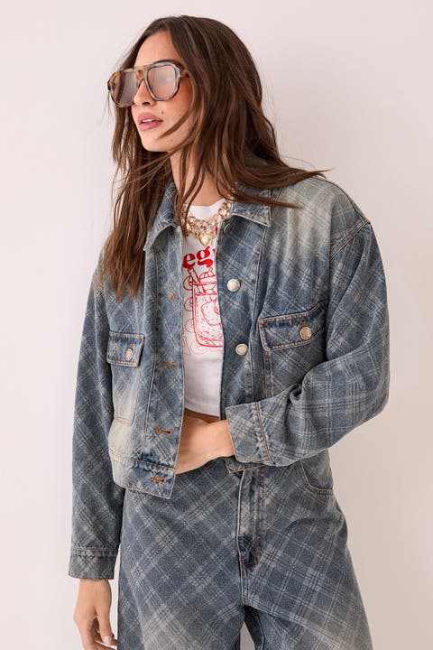 Check Denim Distressed Jacket