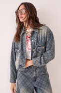 NASTY GAL Check Denim Distressed Jacket