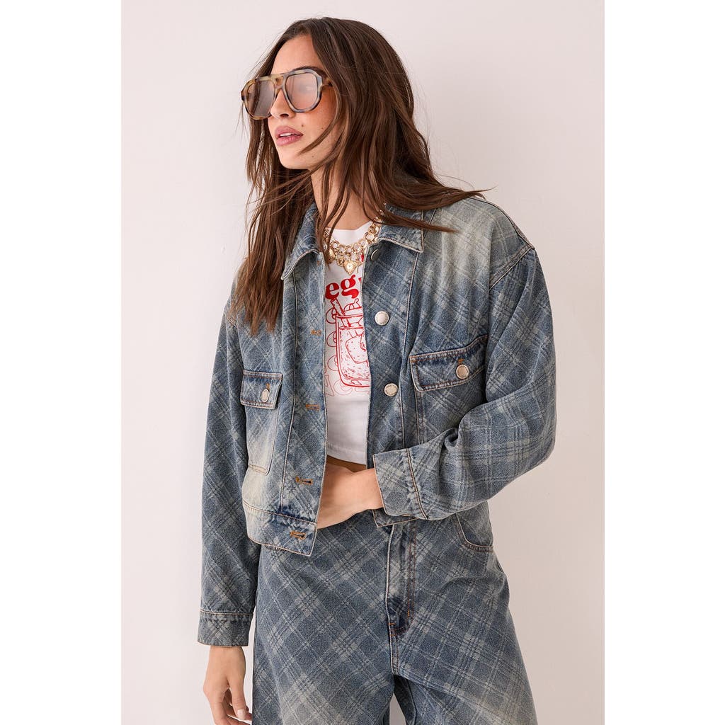 Nasty Gal Check Denim Distressed Jacket In Blue