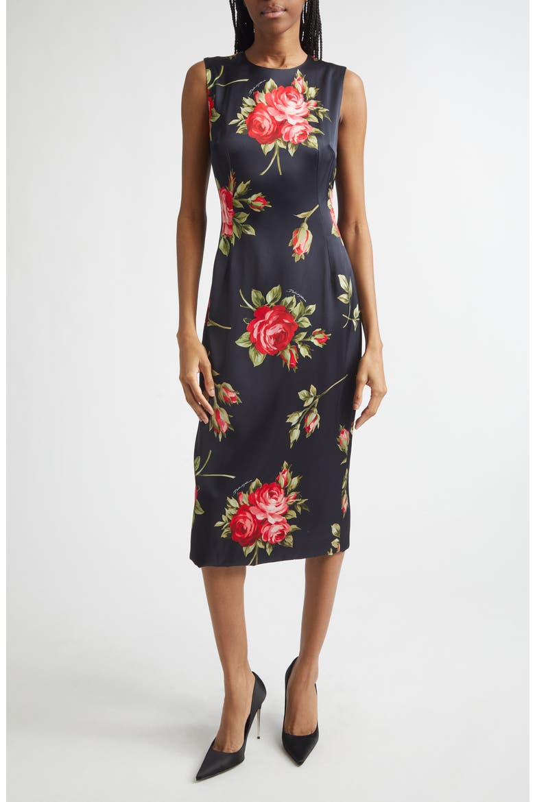 Rose Bouquet Print Stretch Satin Cocktail Dress, Main, color, BOUQUET ROSE NERO
