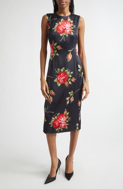 Rose Bouquet Print Stretch Satin Cocktail Dress