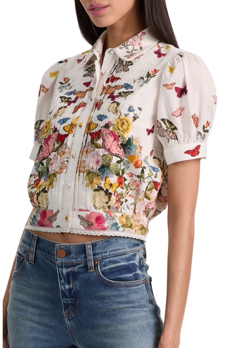 Rosie Butterfly & Floral Print Pleated Cotton Button-Up Shirt, Alternate, color, SOLAR STRENGTH OFF WHITE
