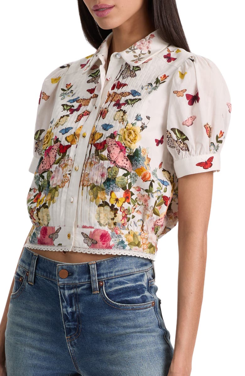 Alice + Olivia Rosie Butterfly & Floral Print Pleated Cotton Button-Up Shirt, Alternate, color, Solar Strength Off White