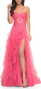 La Femme A-Line Ruffle Tulle Prom Dress with Lace Bustier Bodice